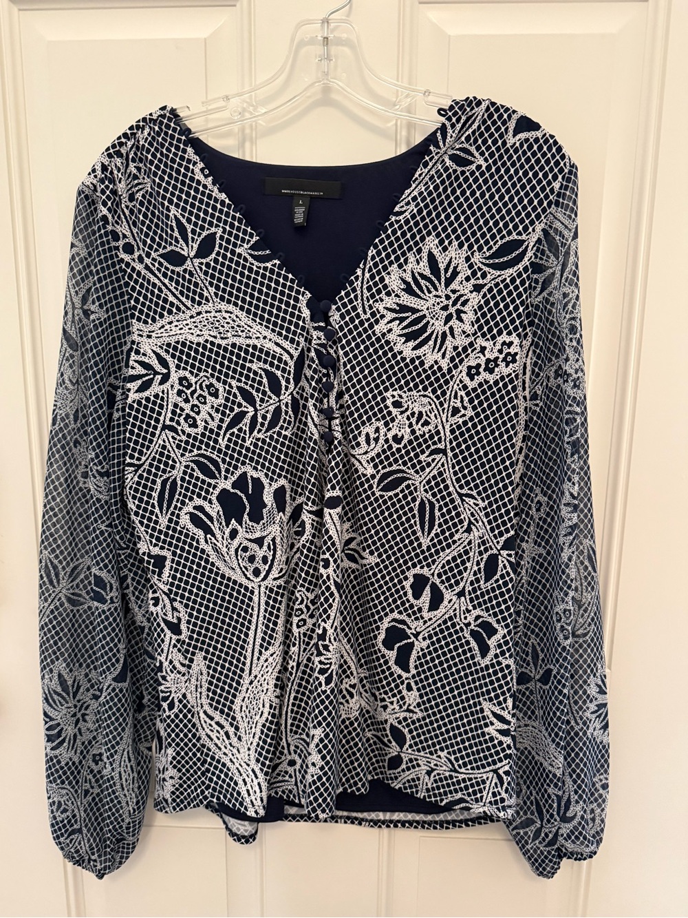 White House Black Market Navy and White Floral V-Neck Lace-Effect Blouse